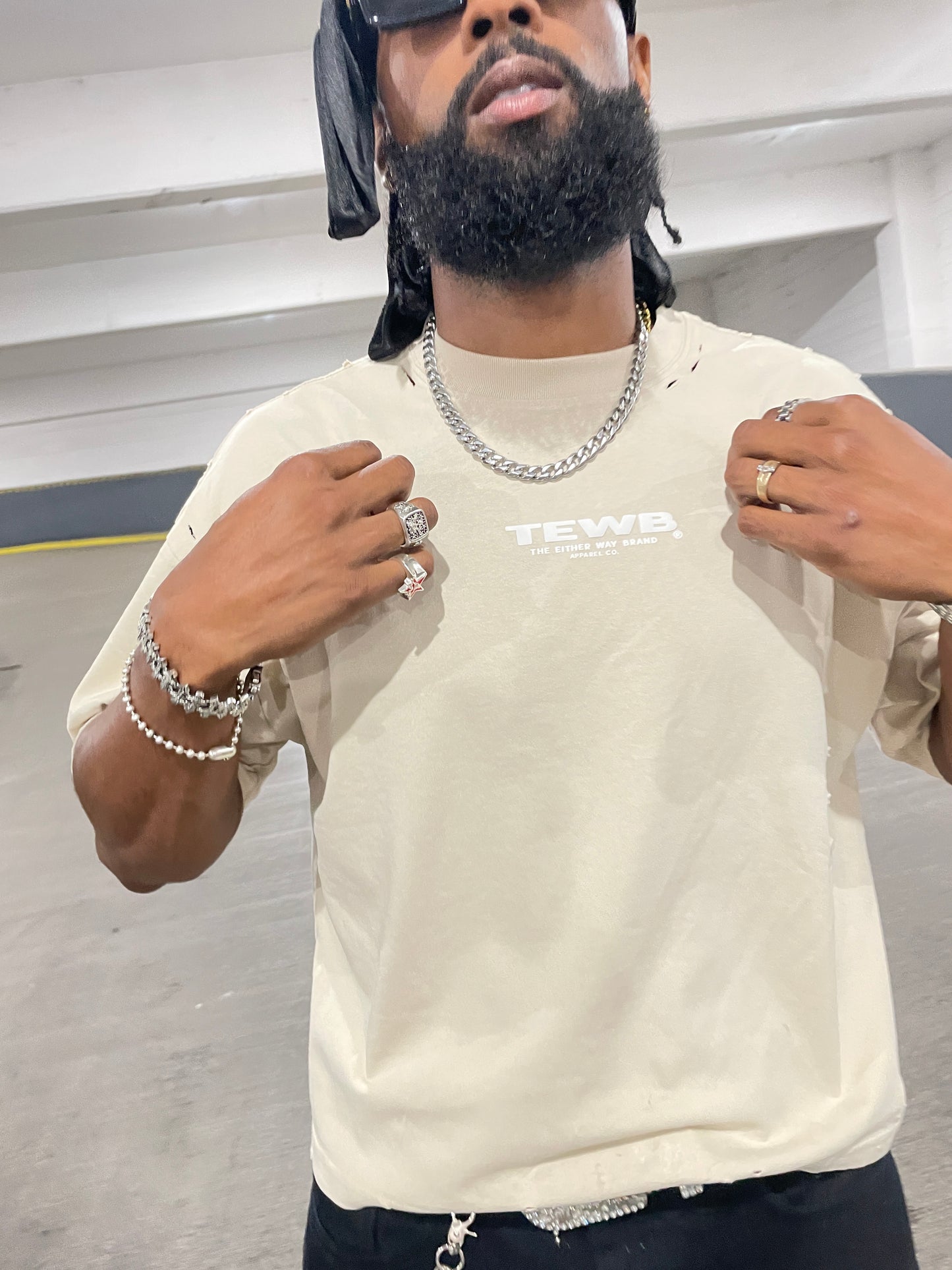 Either Way Cropped Puff Print "TEWB" Distressed Tee