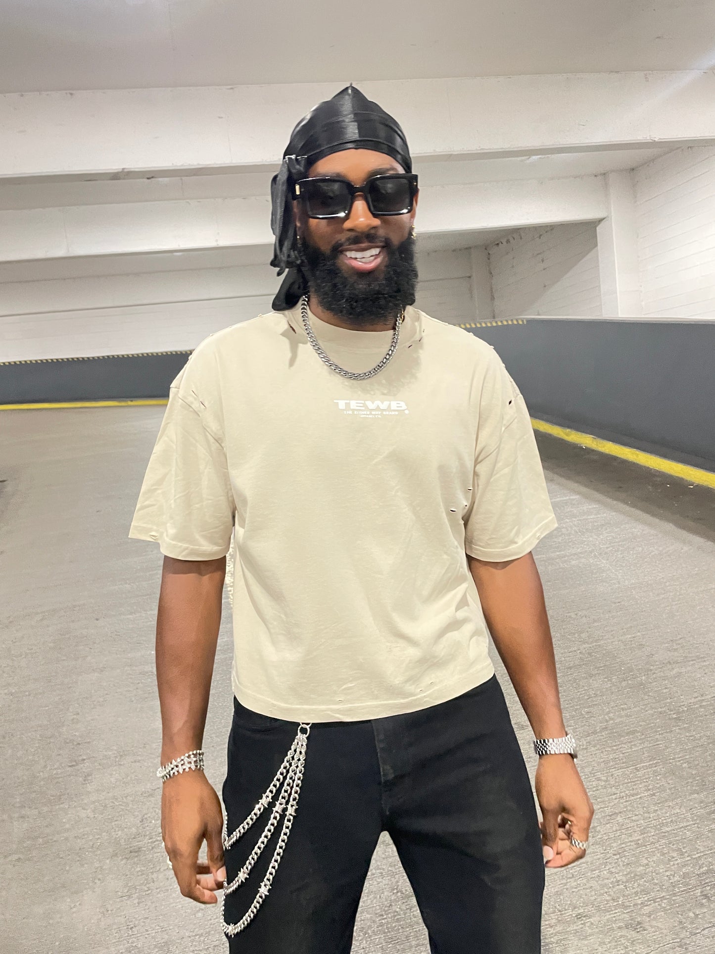 Either Way Cropped Puff Print "TEWB" Distressed Tee